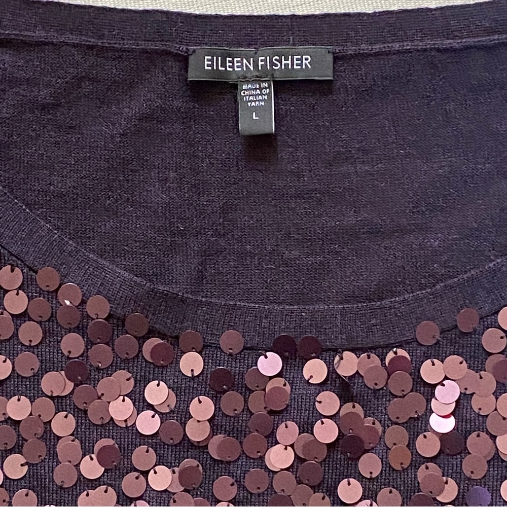 EILEEN FISHER 100% BLACK MERINO WOOL & PURPLE SEQUIN TOP SIZE LARGE - Picture 6 of 16